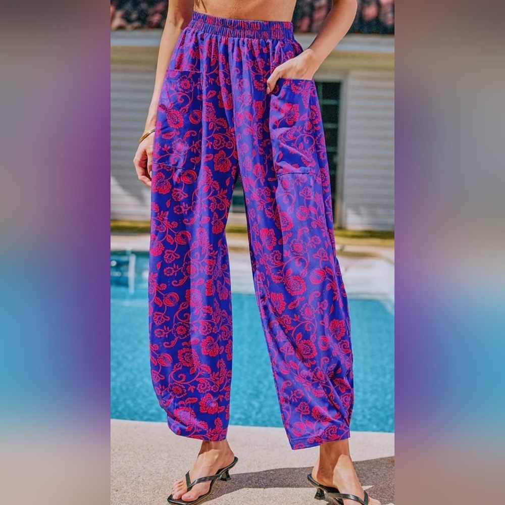 Cupshe Vibrant Blue and Red Sangria Sands Floral Cover Up Pants - Picture 2 of 10